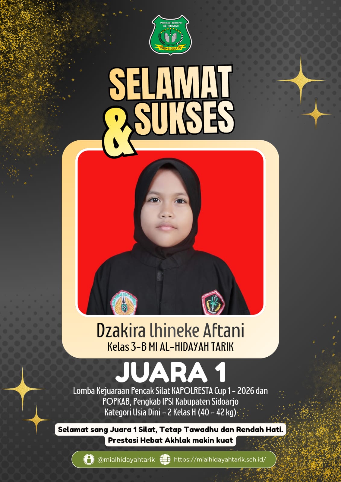Raih Juara 1 Kejuaraan Pencak Silat KAPOLRESTA CUP 1-2026 POPKAB Sidoarjo kategori Usia Dini 2 Kelas H 40–42 Kg