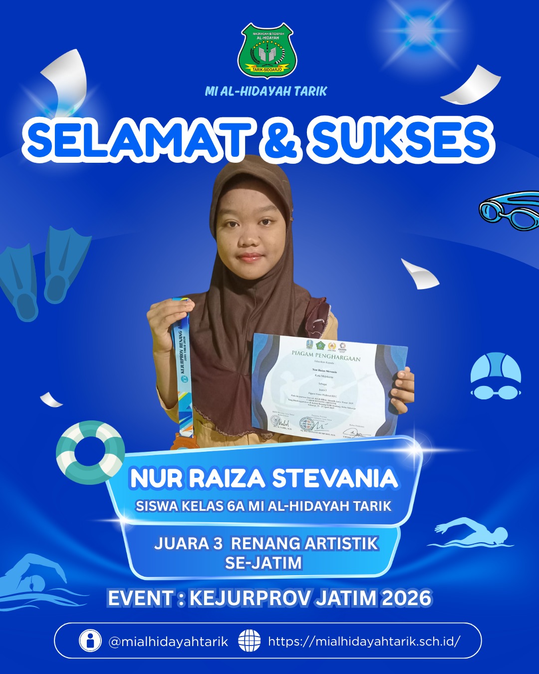 Raiza Stevania siswi MI Al-Hidayah Tarik Raih Juara 3 Kejuaraan Provinsi Jawa Timur 2026 Cabang Renang Artistik